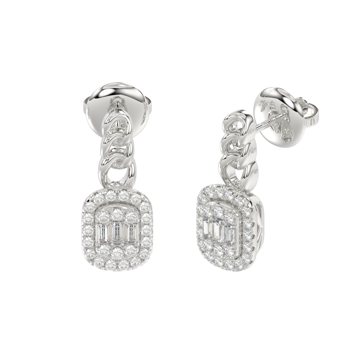 LADIES EARRINGS 0.33CT ROUND/BAGUETTE DIAMOND 14K WHITE GOLD