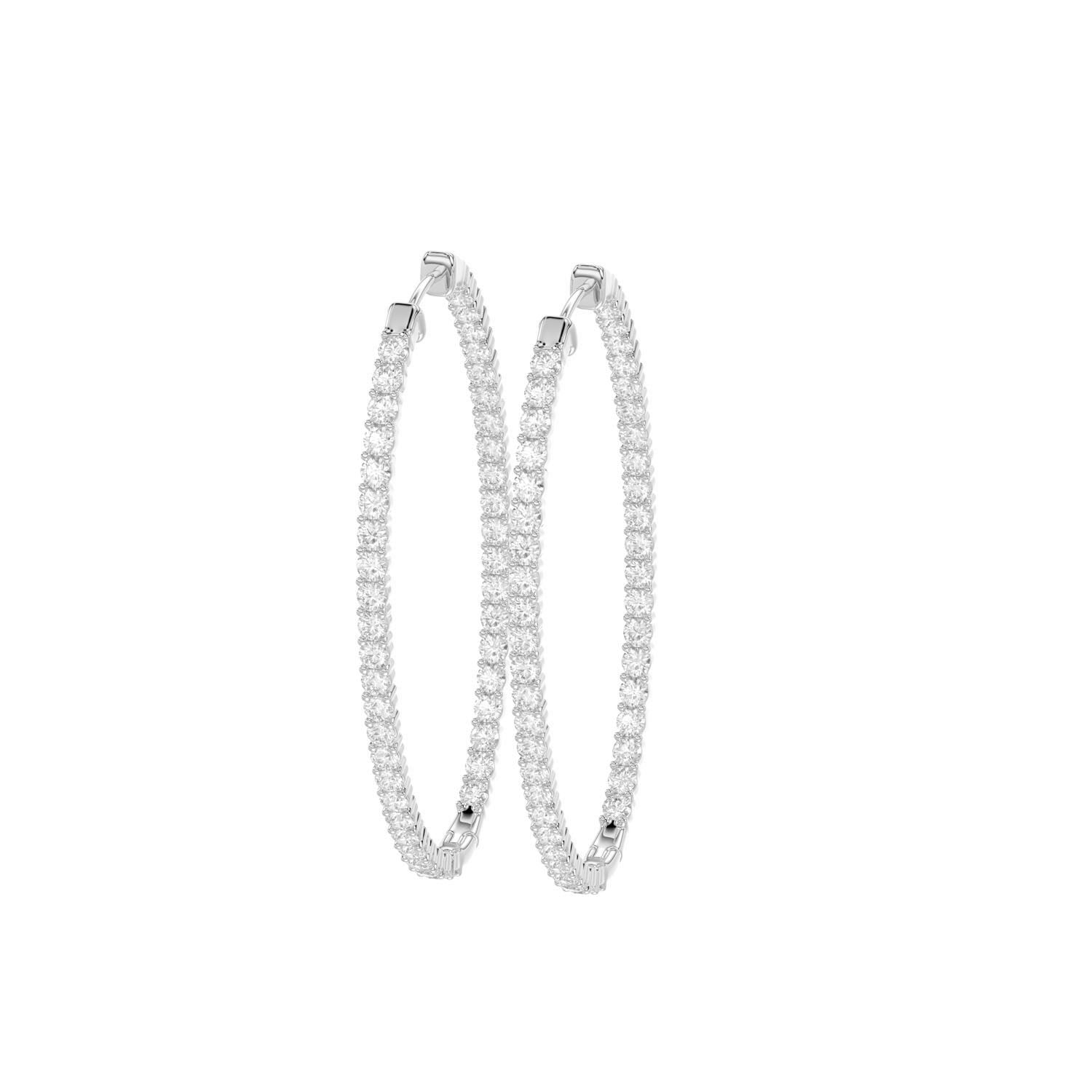 LADIES HOOPS IN/OUT EARRINGS 3.50CT ROUND DIAMOND 14K WHITE GOLD