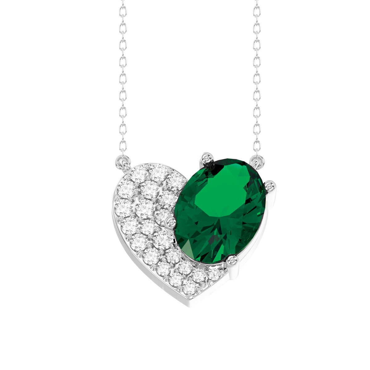 LADIES PENDANT WITH CHAIN 1.45CT ROUND/OVAL/EMERALD DIAMOND 14K WHITE GOLD (CENTER STONE EMERALD/OVAL-1.30CT)