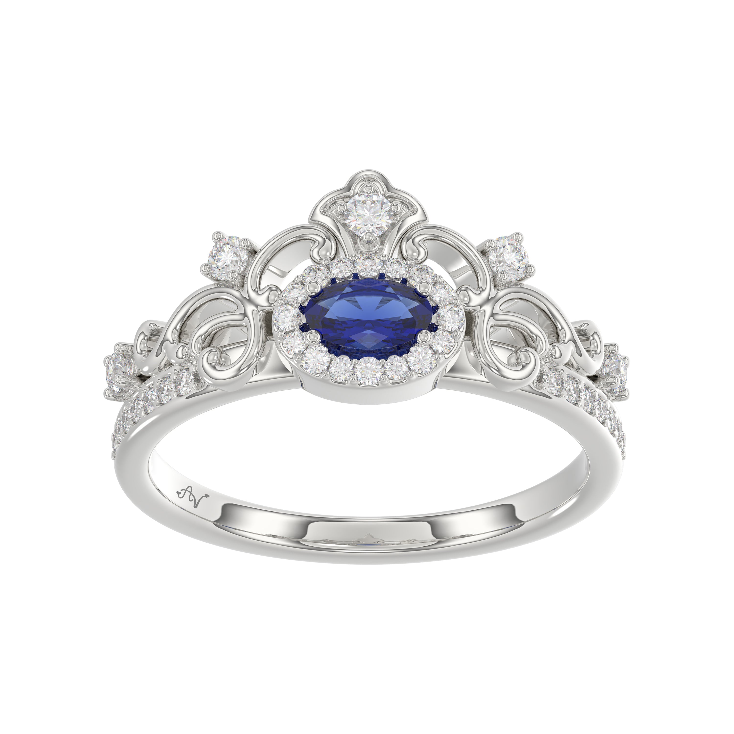 14K White Gold 0.45Ct Blue Sapphire & Round Diamond Engagement Ring For Women Oval Natural Sapphire Fashion Ring (Oval Blue Sapphire 0.30Ct)