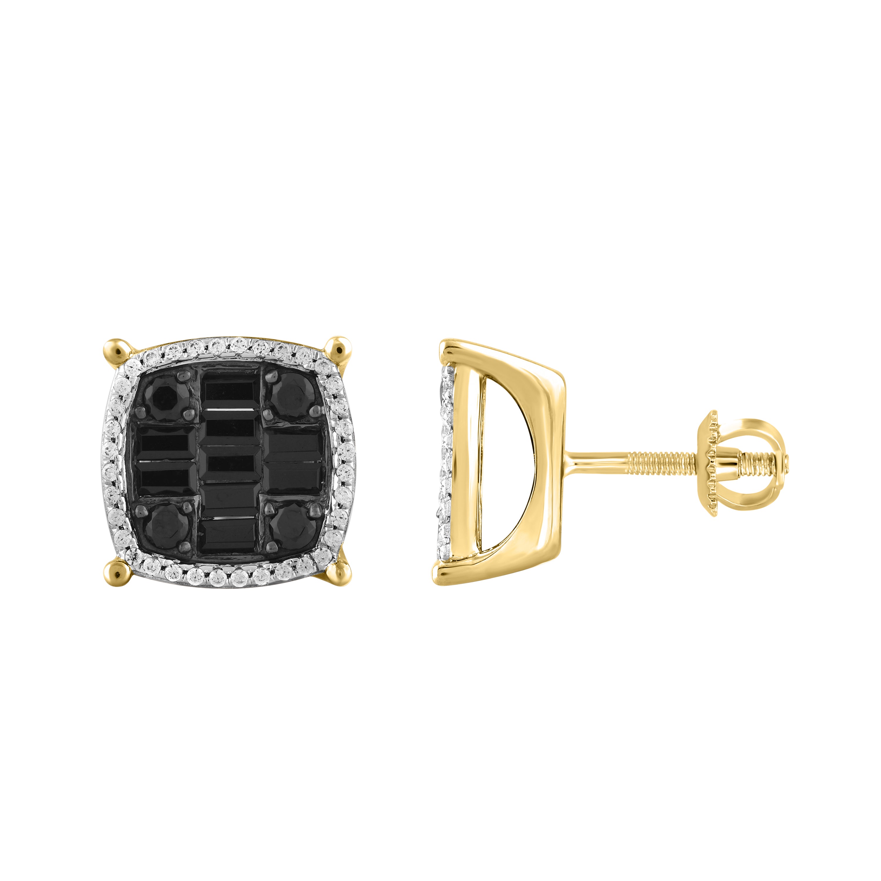 MEN'S EARRINGS 1.25CT ROUND/BLACK/BAGUETTE DIAMOND 10K YELLOW GOLD