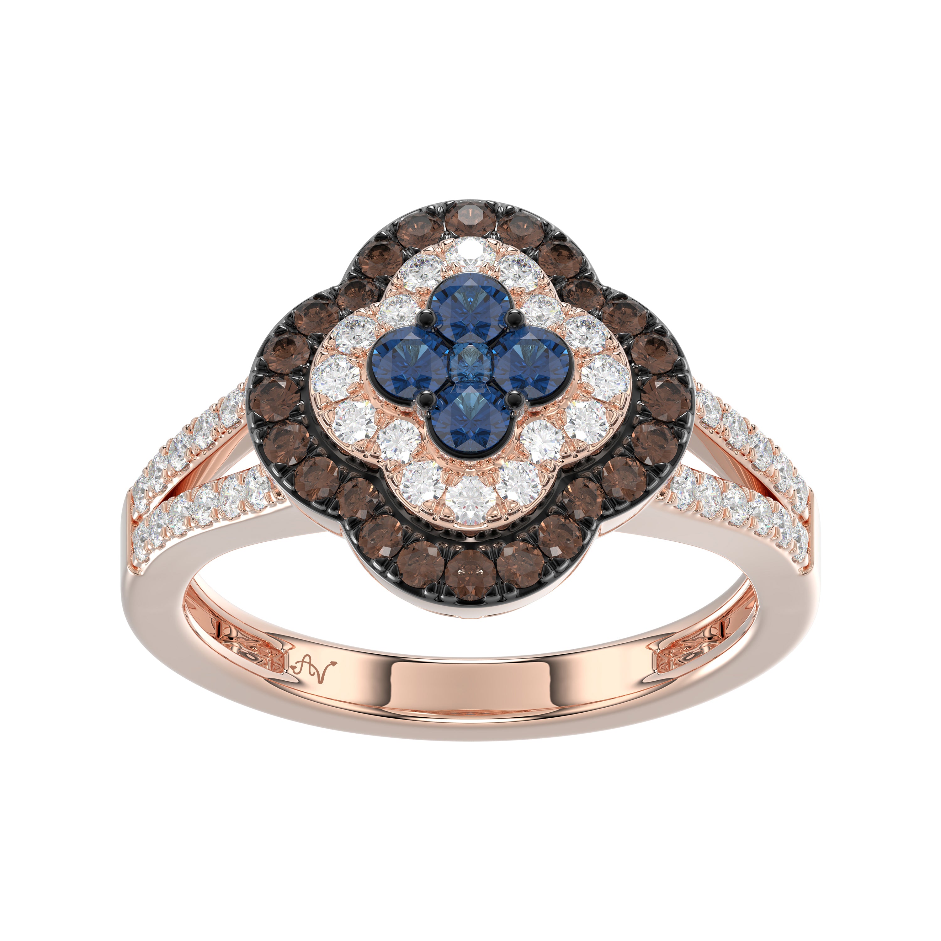 Elegant 14K Rose Gold Ladies Ring Crafted With Fancy Dark Brown And Blue Diamonds Totaling 0.75 Ct. Perfect Luxury Jewelry Gift For Her.