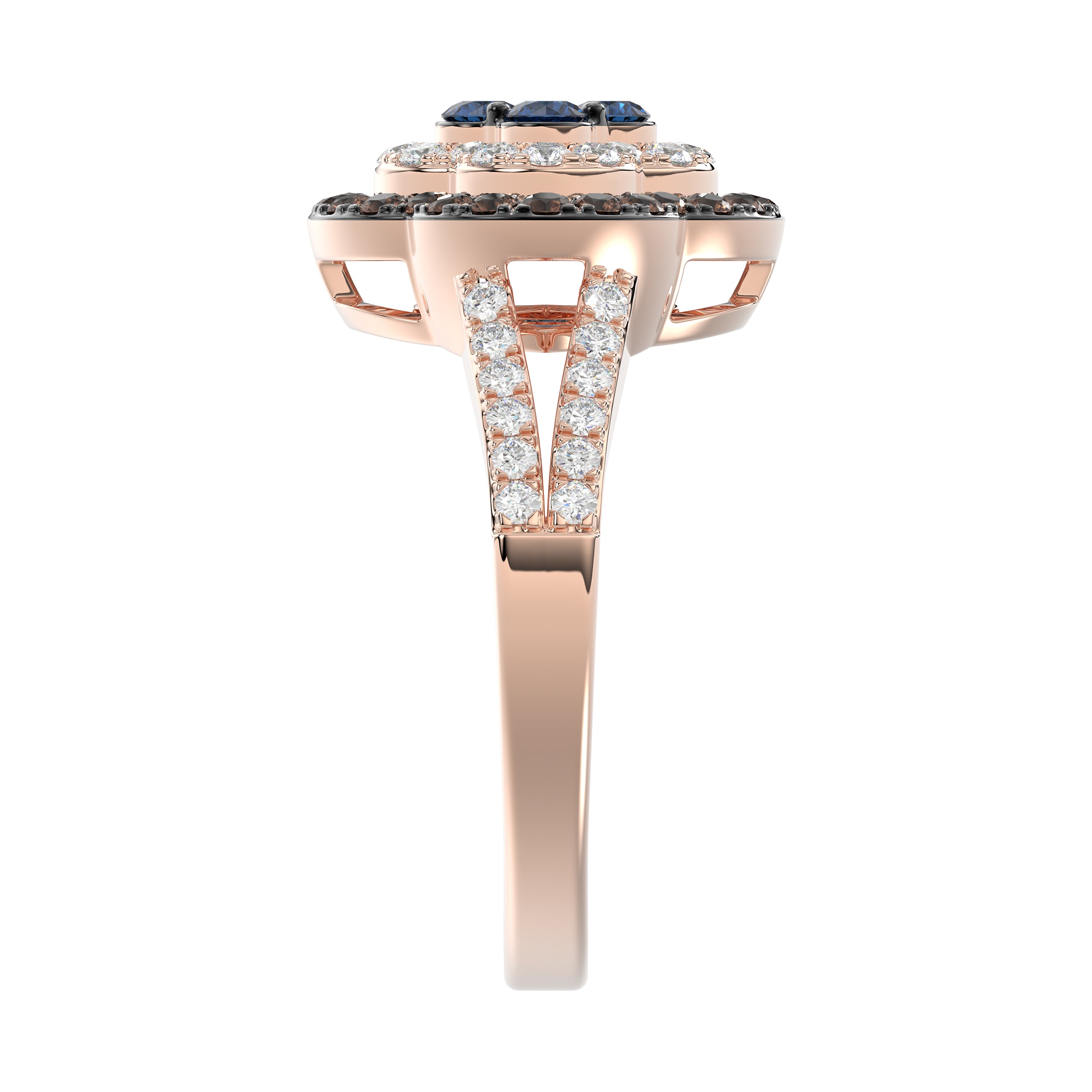 Elegant 14K Rose Gold Ladies Ring Crafted With Fancy Dark Brown And Blue Diamonds Totaling 0.75 Ct. Perfect Luxury Jewelry Gift For Her.
