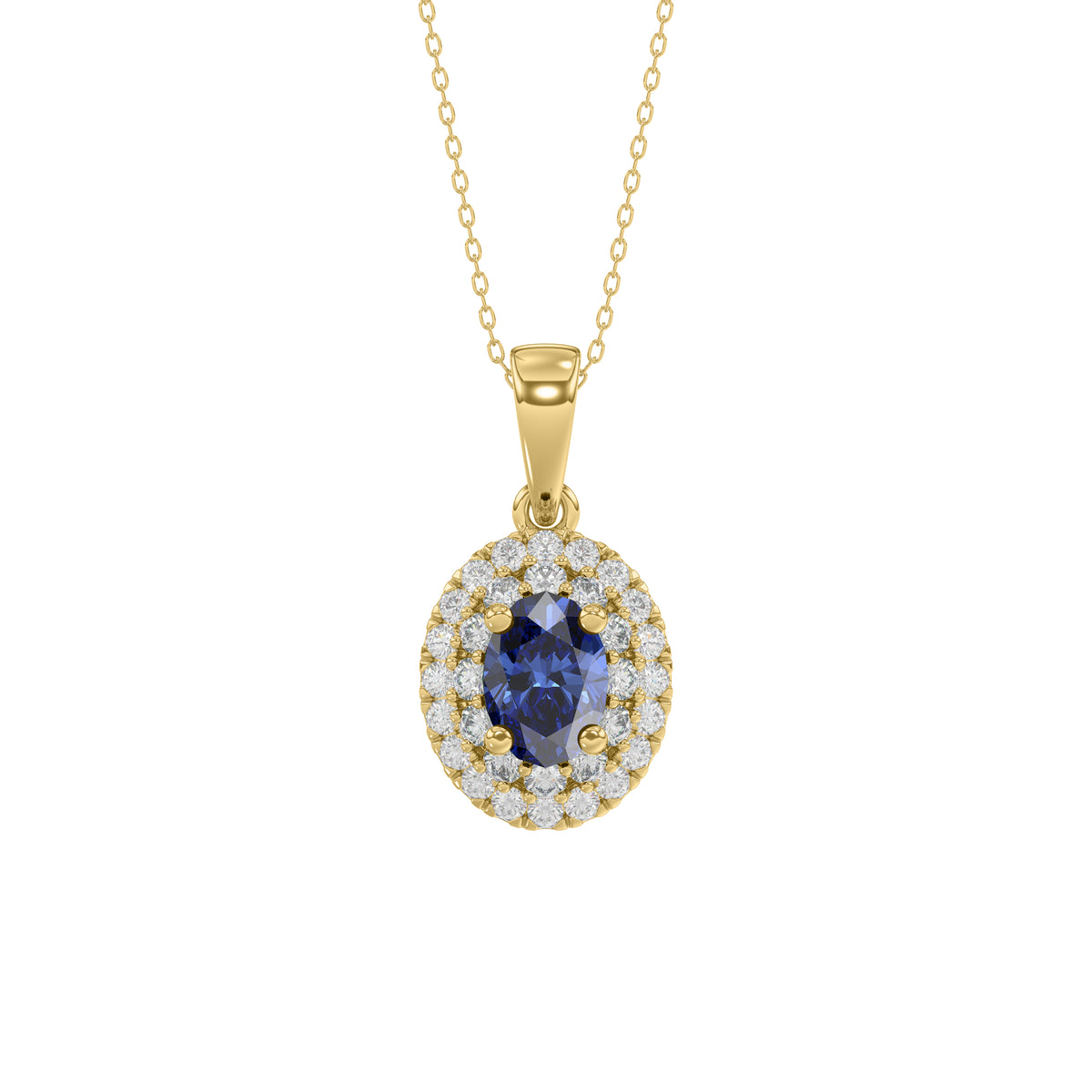 Elegant 14K Yellow Gold Ladies Pendant Featuring Oval Sapphire And Round Diamond Accents 1.16Ct Includes Chain For A Complete Luxury Look.