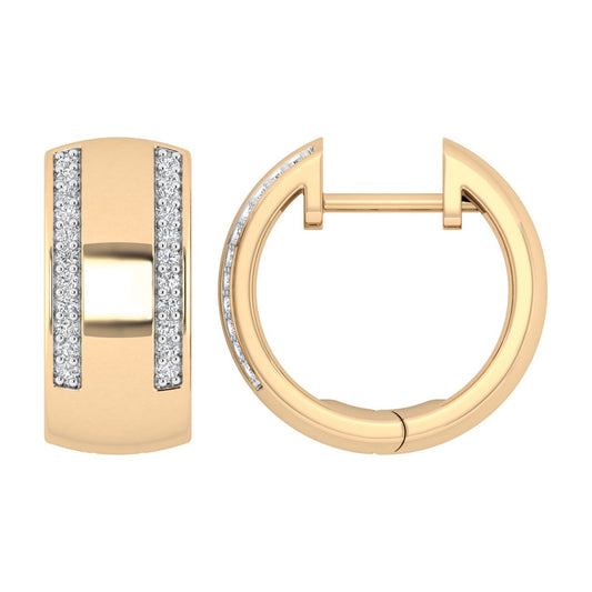 LADIES HOOPS EARRINGS 0.13CT ROUND DIAMOND 10K YELLOW GOLD