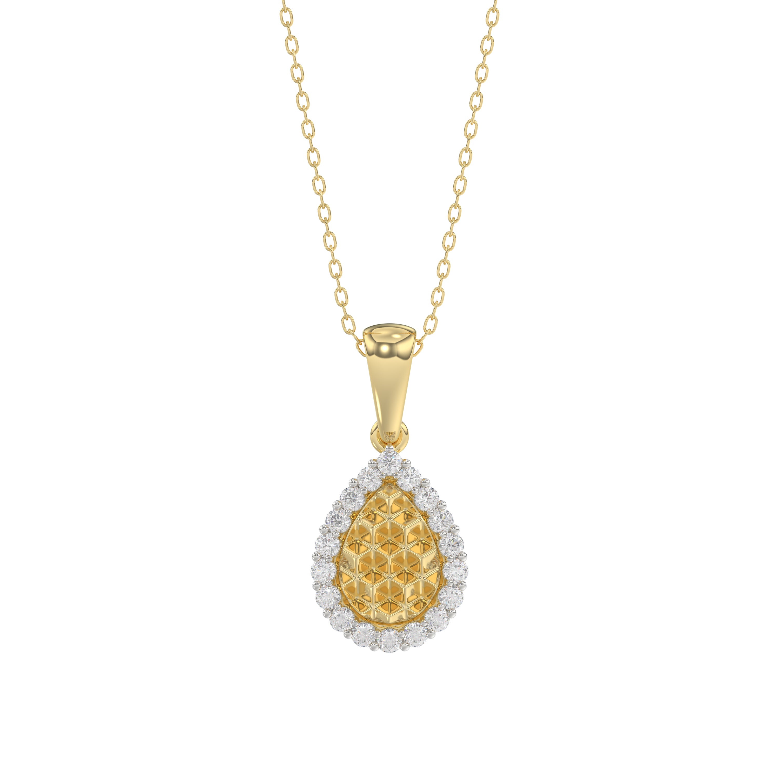 Elegant 10K Yellow Gold Ladies Teardrop Nugget Pendant Featuring A Cluster Of 0.20 Ct Round Diamonds. Includes Chain