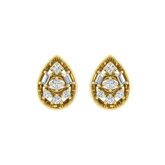 LADIES EARRINGS 0.20CT ROUND/BAGUETTE DIAMOND 10K YELLOW GOLD