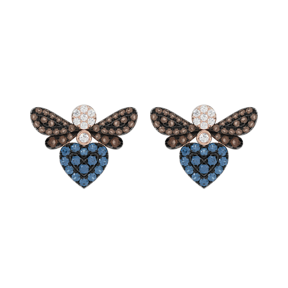 14K Rose Gold Ladies Butterfly Earring With Colorful Diamond Accents In Blue, Dark Brown, And Round Cuts. A Stylish 0.75 Ct Jewelry Earring