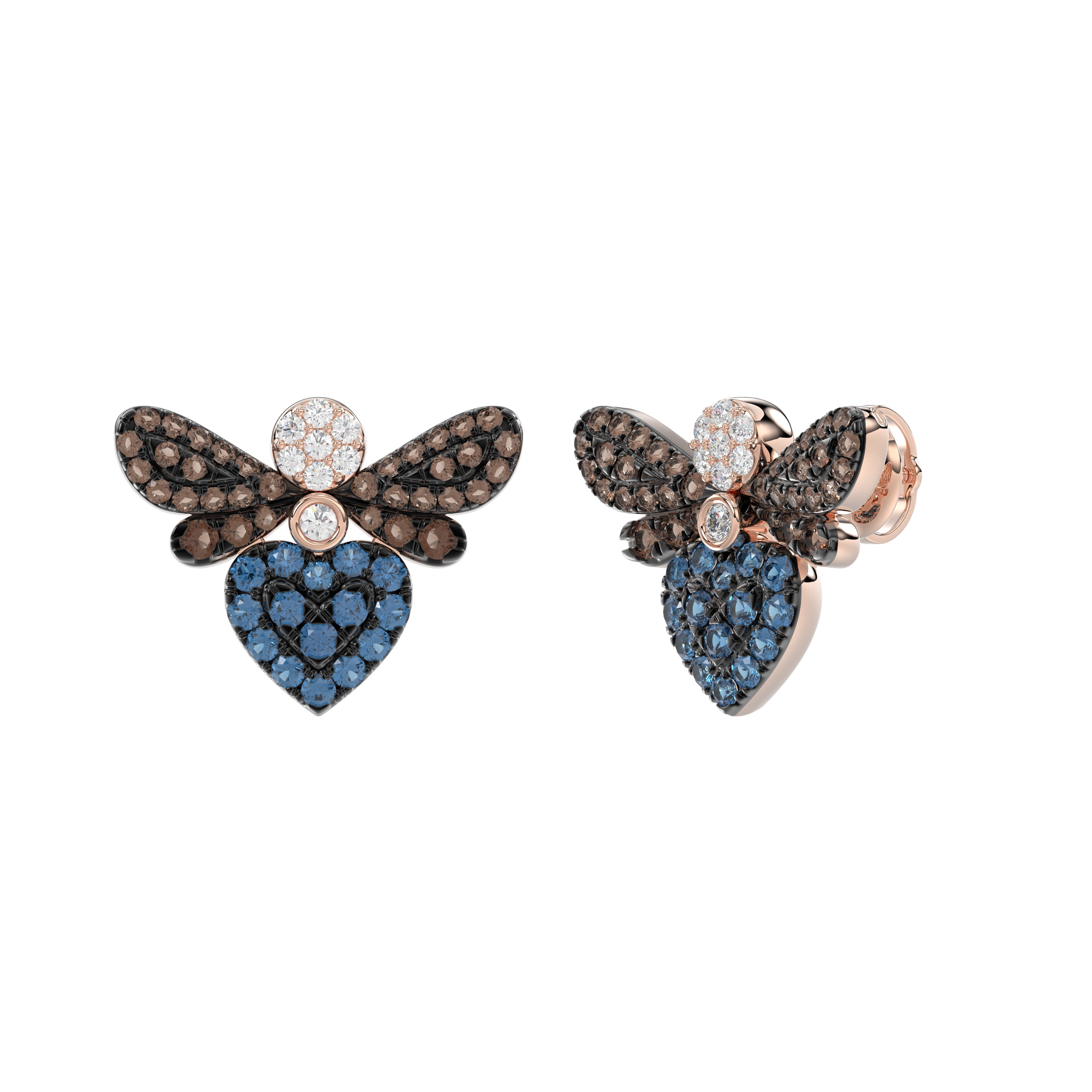 14K Rose Gold Ladies Butterfly Earring With Colorful Diamond Accents In Blue, Dark Brown, And Round Cuts. A Stylish 0.75 Ct Jewelry Earring