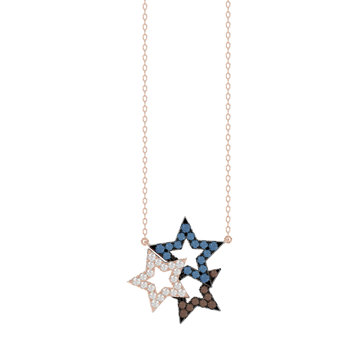 Stylish 14K Rose Gold 0.25Ct Three-Star Necklace Featuring Round, Blue, And Dark Brown Diamonds. A Delicate And Meaningful Ladies Jewelry Piece With C