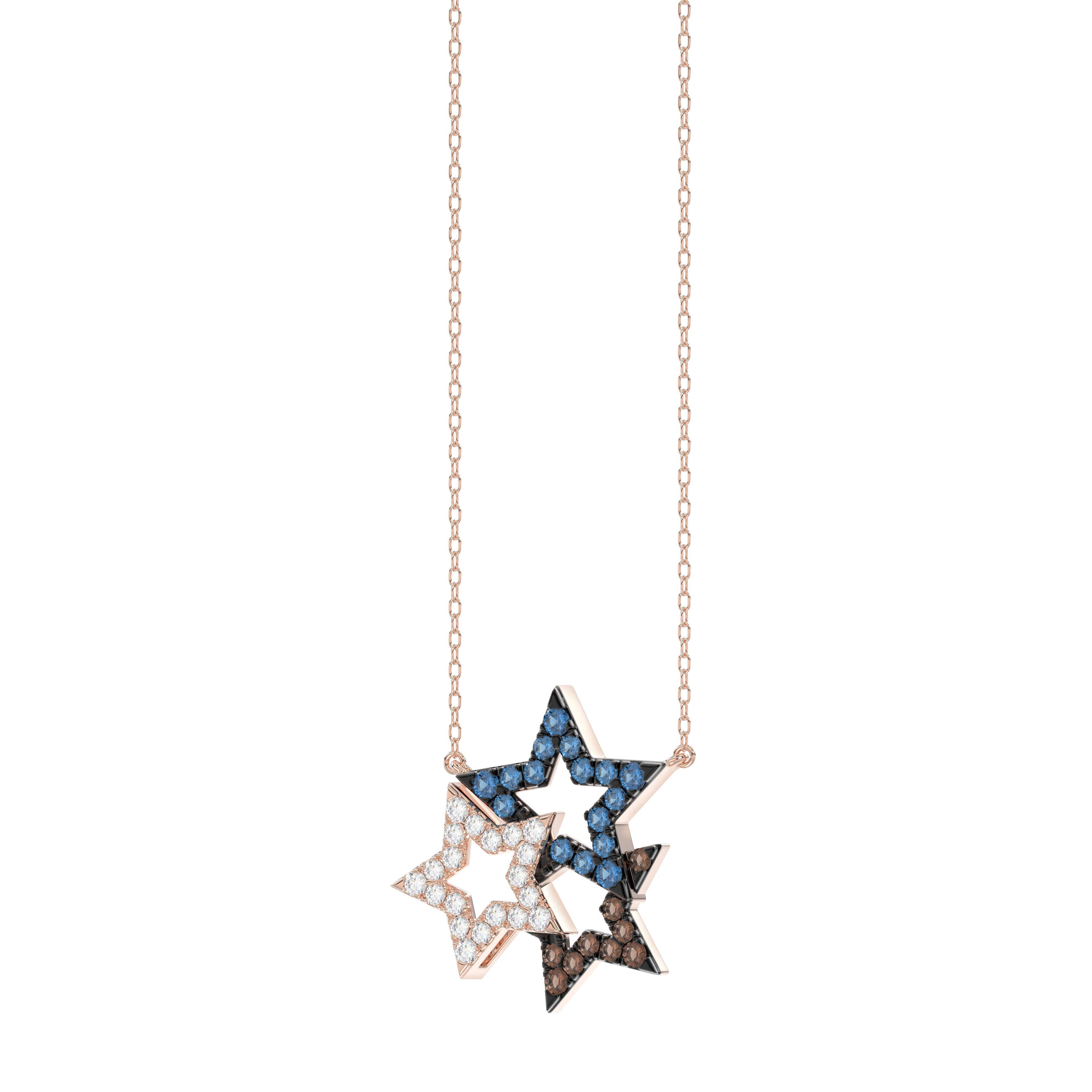 Stylish 14K Rose Gold 0.25Ct Three-Star Necklace Featuring Round, Blue, And Dark Brown Diamonds. A Delicate And Meaningful Ladies Jewelry Piece With C