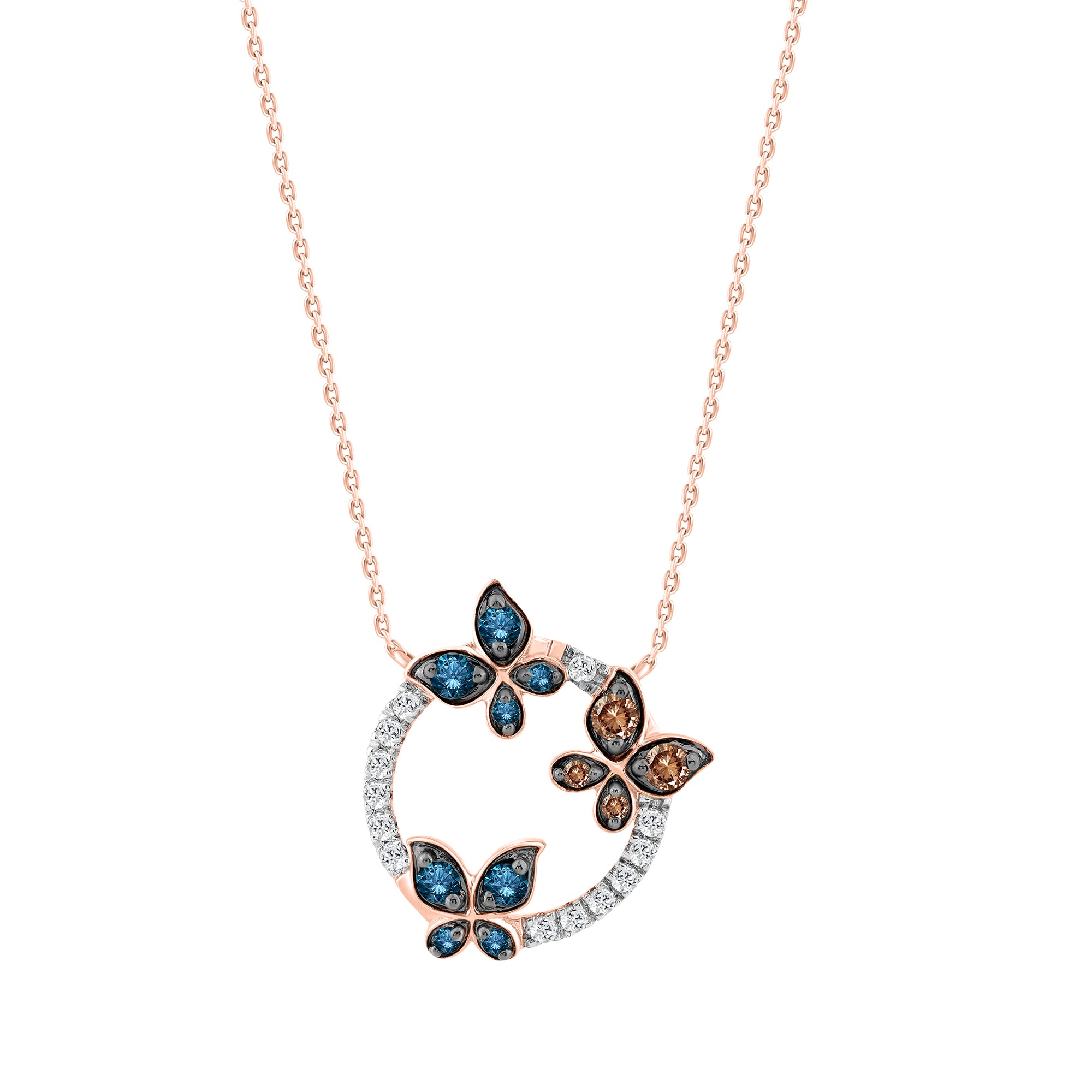 �Elegant Ladies Butterfly Pendant With Chain 0.33Ct Round Dark Brown & 14K Rose Gold Blue Diamond Fashion Jewelry For Women