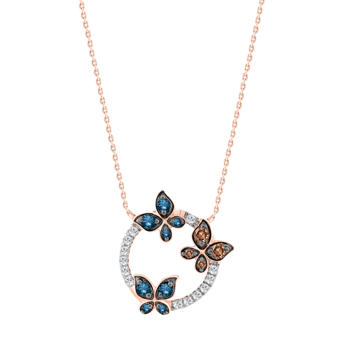 �Elegant Ladies Butterfly Pendant With Chain 0.33Ct Round Dark Brown & 14K Rose Gold Blue Diamond Fashion Jewelry For Women