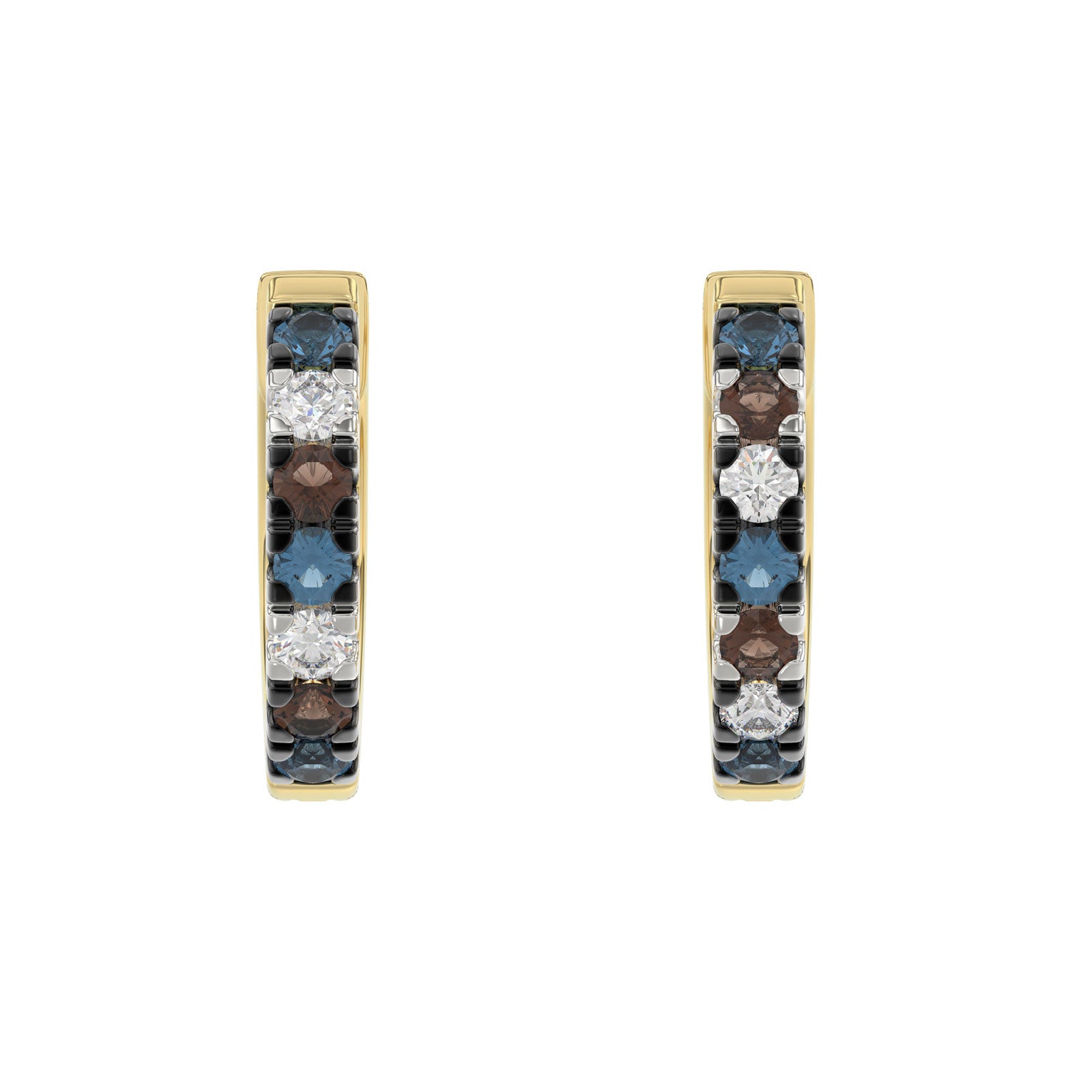 14K Yellow Gold 0.50CT Multi-Color Diamond Huggie Hoop Earrings Round Cut Blue, White Round &Dark  Brown Diamonds