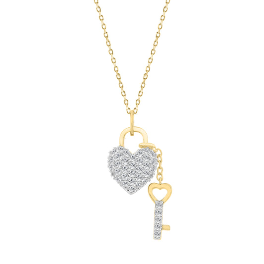 10K YELLOW GOLD LADIES HEART-SHAPED LOCK AND KEY PENDANT FEATURING 0.25CT ROUND DIAMOND, CHAIN INCLUDED