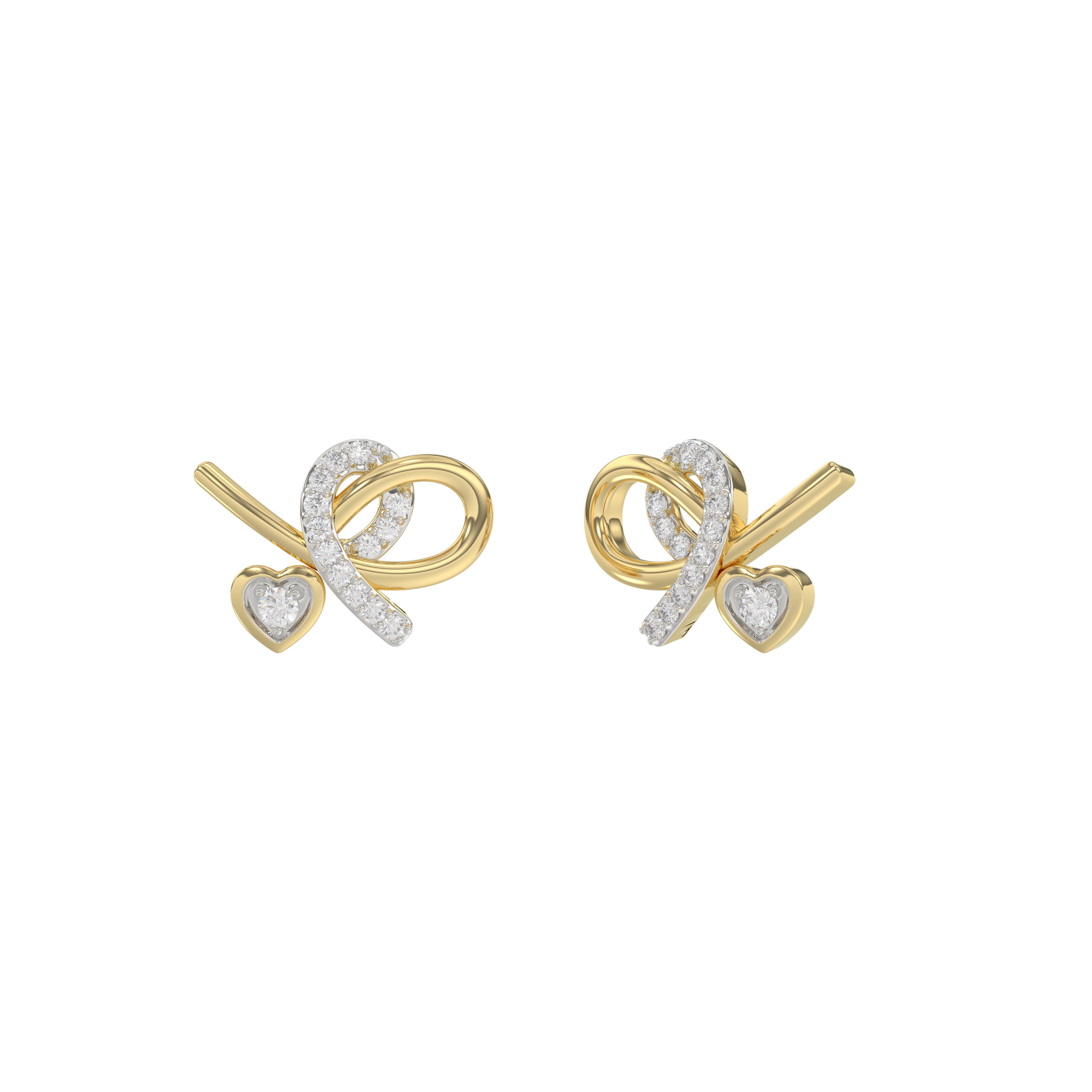 Elegant 10K Yellow Gold Ladies Earrings Featuring A Clustered Heart Design With Twisted Detailing And 0.10 Ct Round Diamonds. Romantic Fine Jewelry Fo