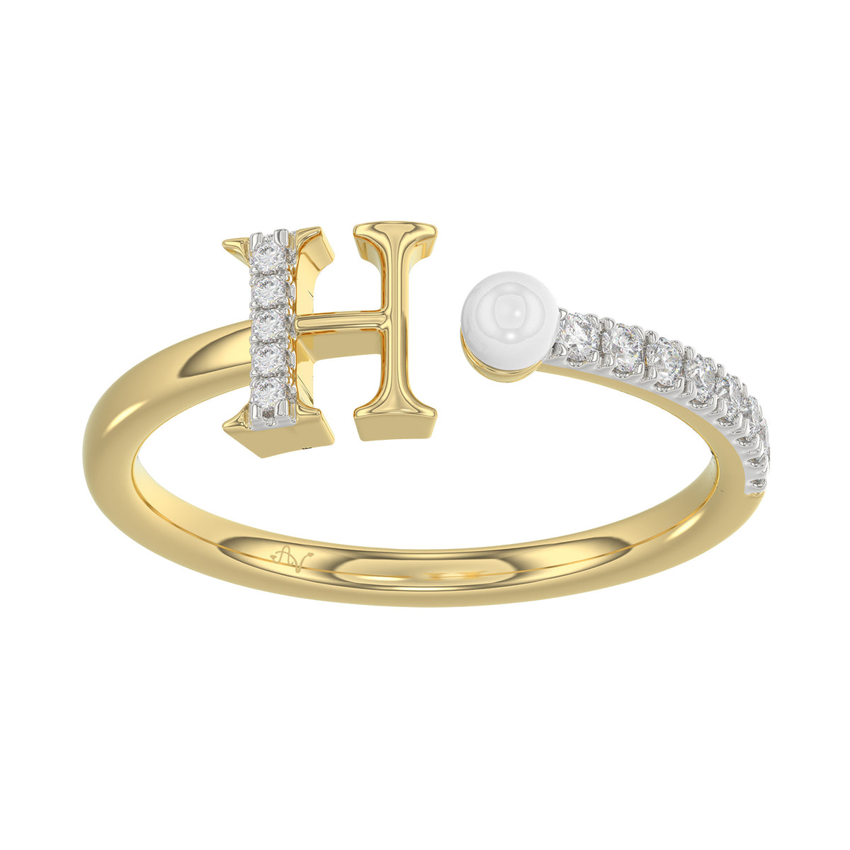 Women’S 10K Yellow Gold Letter “H” Diamond & Pearl Ring 0.10Ct Round Diamond Fine Jewelry