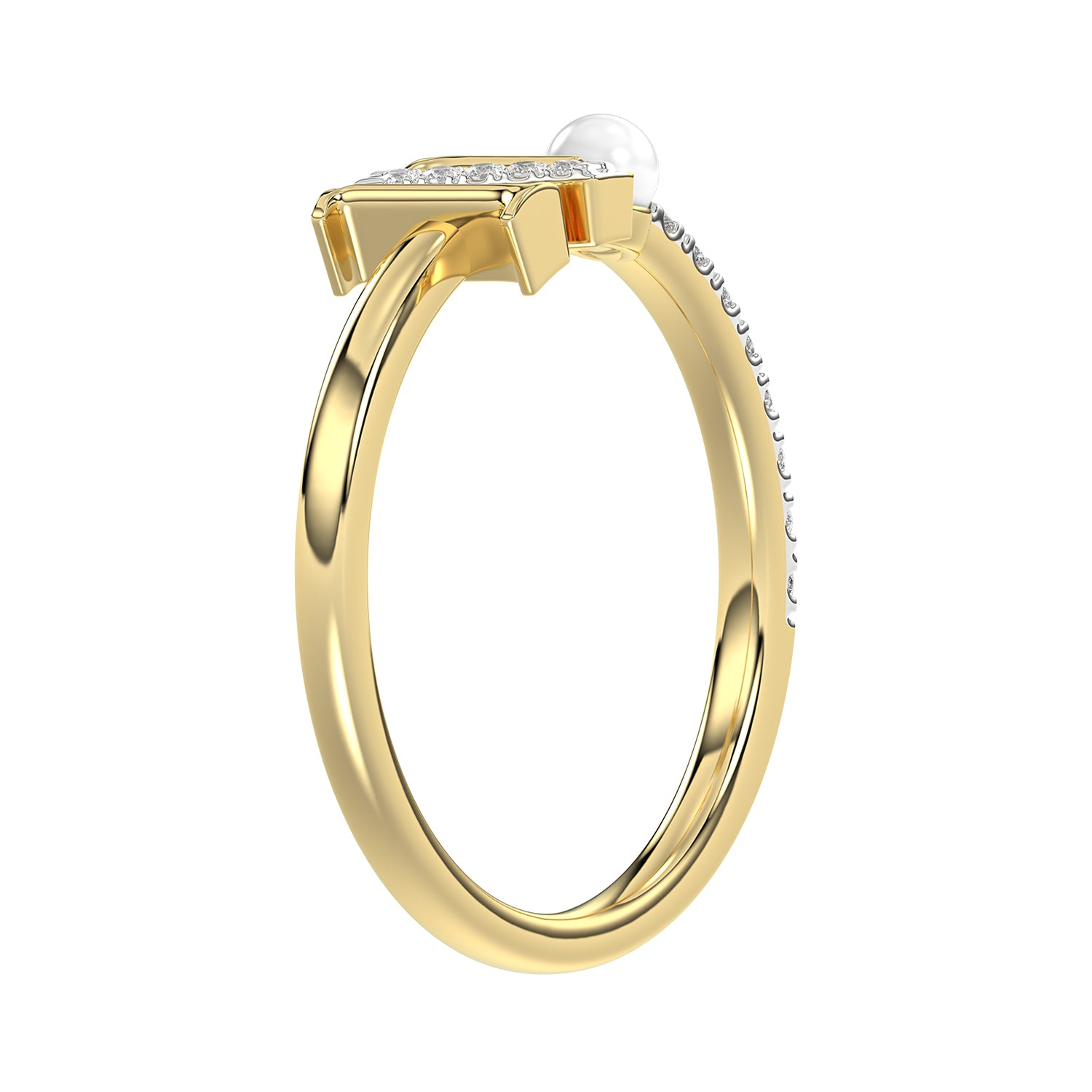 Women’S 10K Yellow Gold Letter “N” Diamond & Pearl Ring 0.10Ct Round Diamond Fine Jewelry