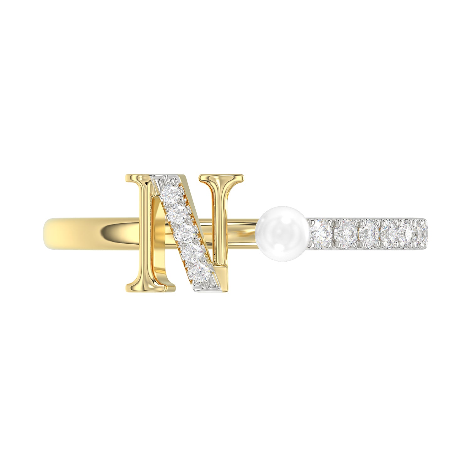 Women’S 10K Yellow Gold Letter “N” Diamond & Pearl Ring 0.10Ct Round Diamond Fine Jewelry