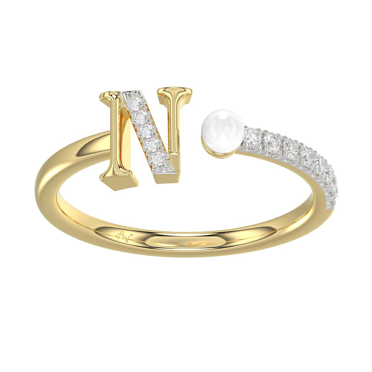 Women’S 10K Yellow Gold Letter “N” Diamond & Pearl Ring 0.10Ct Round Diamond Fine Jewelry