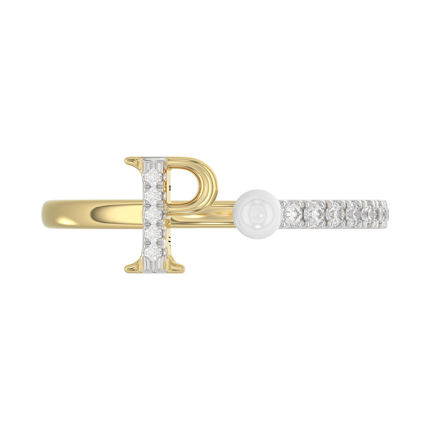 Women’S 10K Yellow Gold Letter “P” Diamond & Pearl Ring 0.10Ct Round Diamond Fine Jewelry