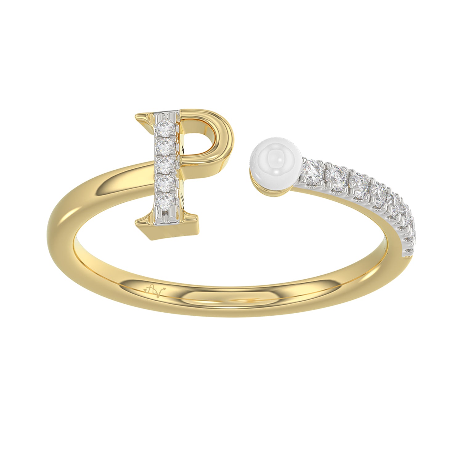 Women’S 10K Yellow Gold Letter “P” Diamond & Pearl Ring 0.10Ct Round Diamond Fine Jewelry