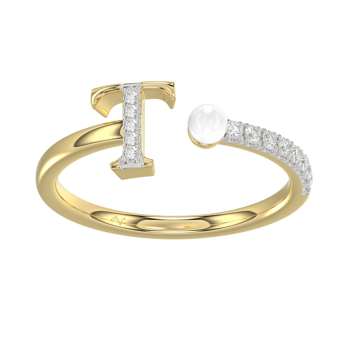 Women’S 10K Yellow Gold Letter “T” Diamond & Pearl Ring 0.10Ct Round Diamond Fine Jewelry