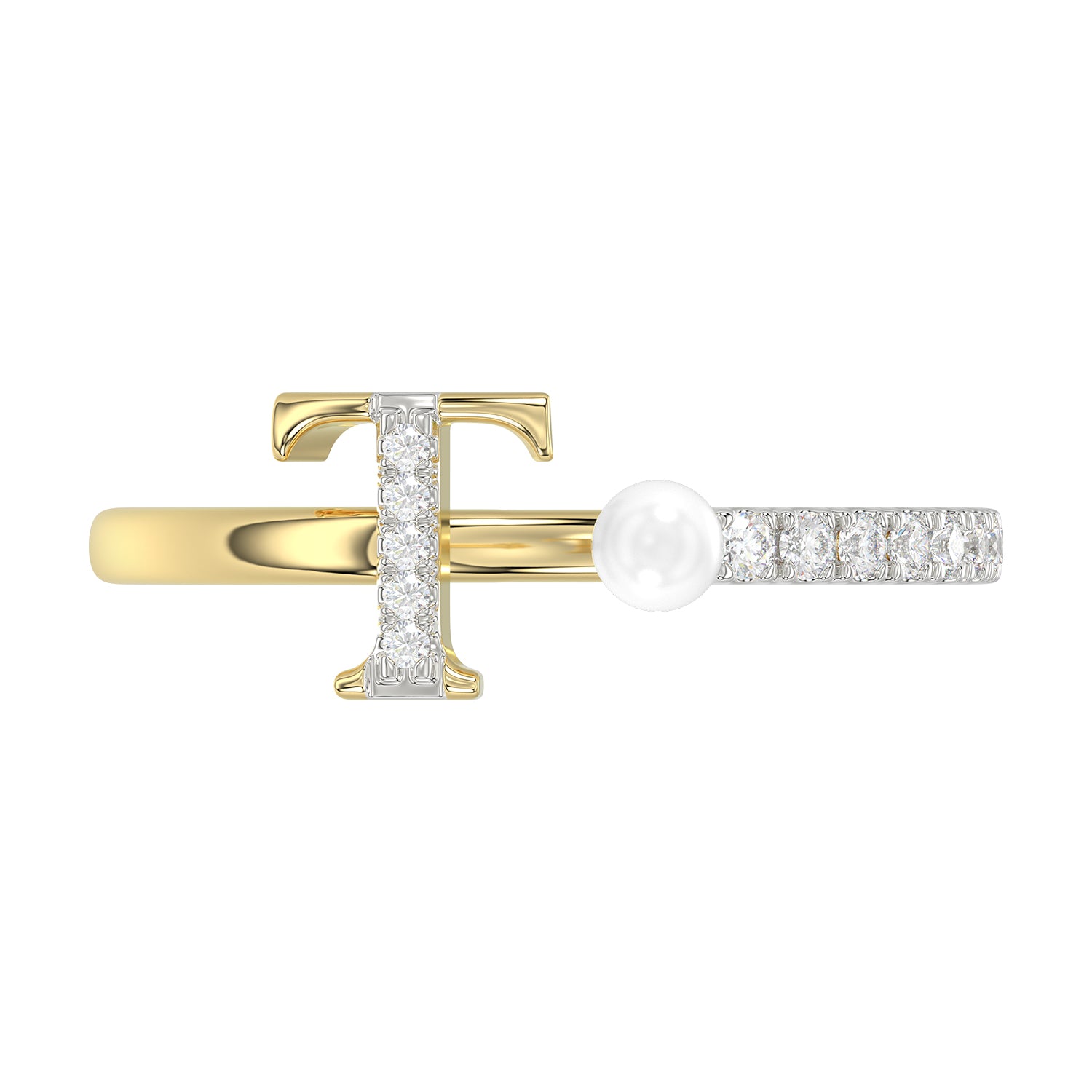 Women’S 10K Yellow Gold Letter “T” Diamond & Pearl Ring 0.10Ct Round Diamond Fine Jewelry