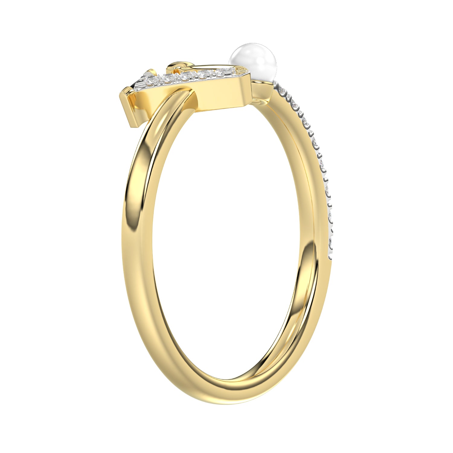 Women’S 10K Yellow Gold Letter “V” Diamond & Pearl Ring 0.10Ct Round Diamond Fine Jewelry