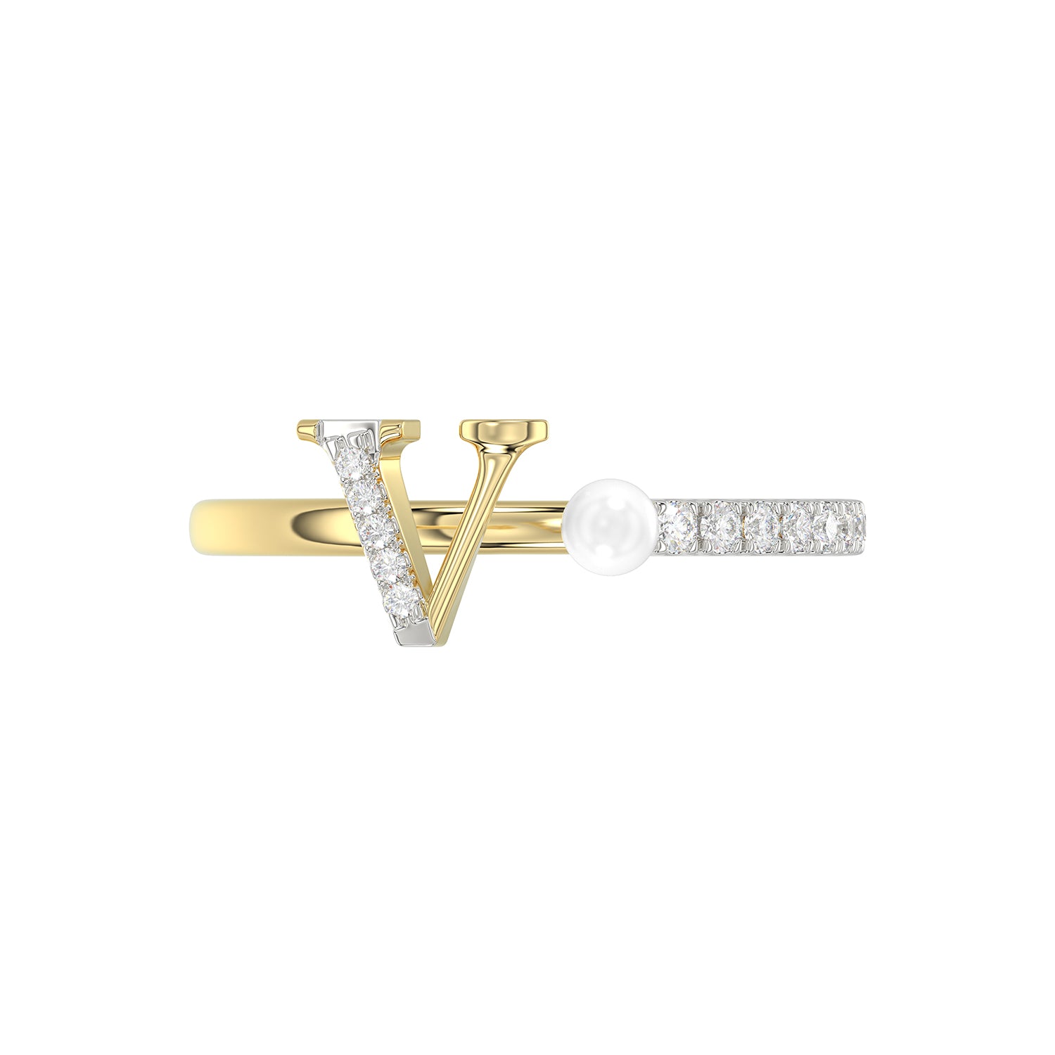Women’S 10K Yellow Gold Letter “V” Diamond & Pearl Ring 0.10Ct Round Diamond Fine Jewelry