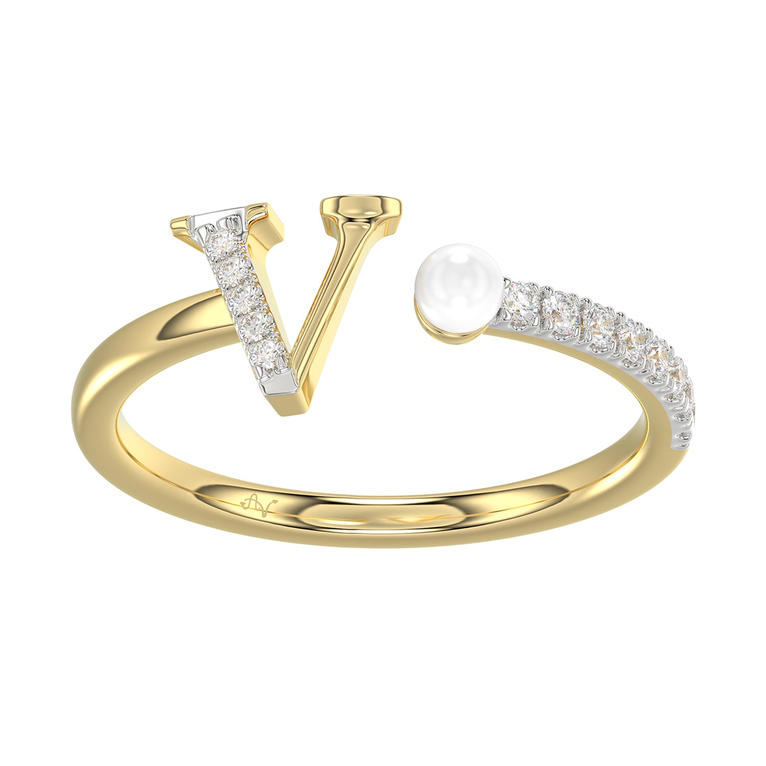 Women’S 10K Yellow Gold Letter “V” Diamond & Pearl Ring 0.10Ct Round Diamond Fine Jewelry