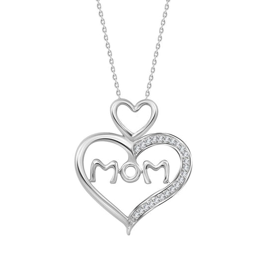 Elegant Mom Heart Diamond Pendant With Chain In Sterling Silver 0.07CT Round Diamond