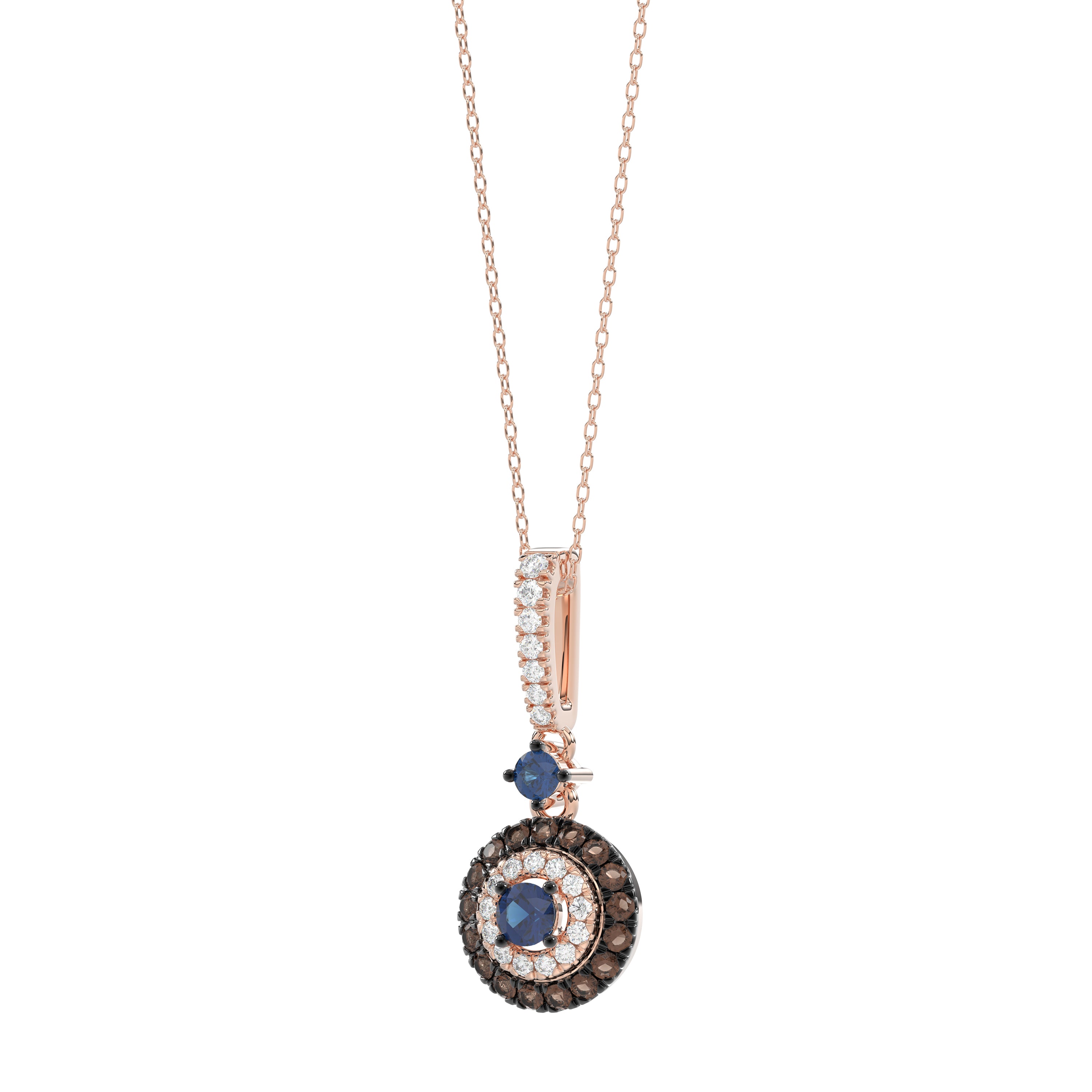 Luxury 14K Rose Gold Ladies Pendant With Chain Featuring Blue And Dark Brown & Round Diamonds. 0.50 Ct Elegant Jewelry Piece Perfect For Gifting.