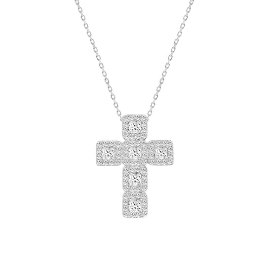 LADIES CROSS PENDANT WITH CHAIN 3CT ROUND/PRINCESS DIAMOND 14K WHITE GOLD