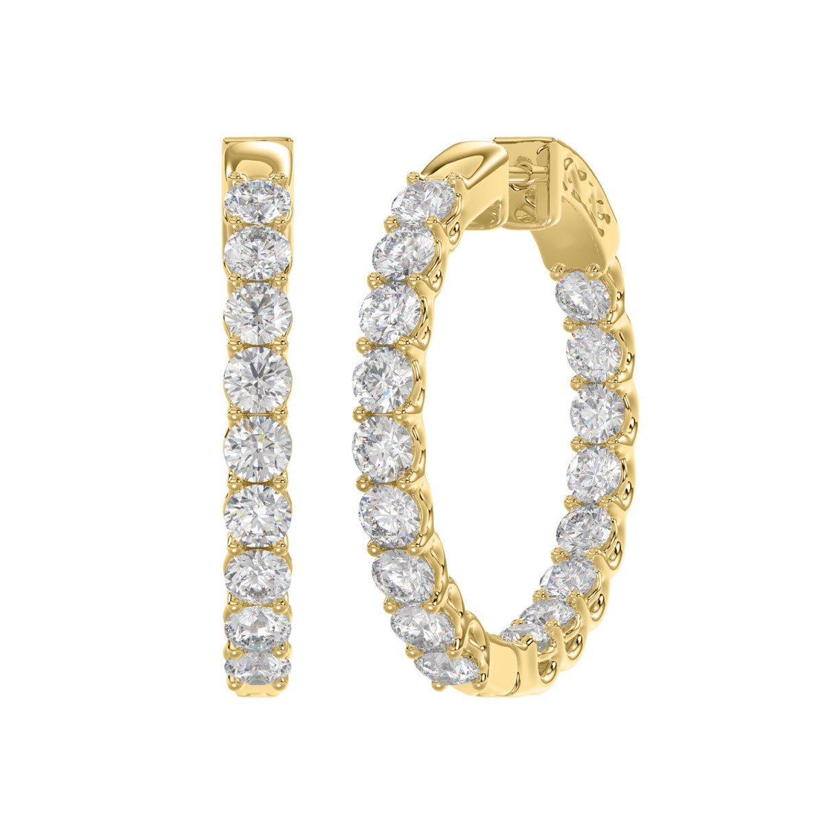 LADIES HOOP EARRINGS 5CT ROUND DIAMOND 14K YELLOW GOLD