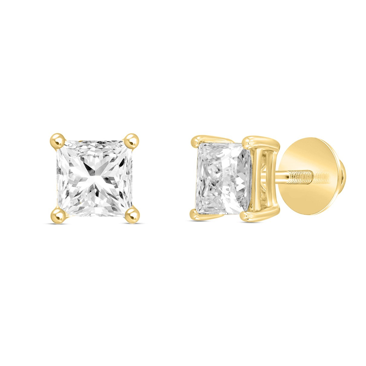 LADIES SOLITAIRE EARRINGS 2CT PRINCESS DIAMOND 14K YELLOW GOLD