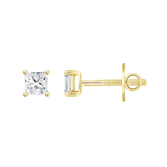 LADIES SOLITAIRE EARRINGS 3CT PRINCESS DIAMOND 14K YELLOW GOLD