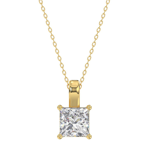 LADIES SOLITAIRE PENDANT WITH CHAIN 3CT PRINCESS DIAMOND 14K YELLOW GOLD