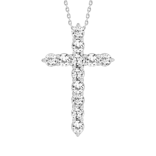 LADIES CROSS PENDANT WITH CHAIN 1CT ROUND DIAMOND 14K WHITE GOLD