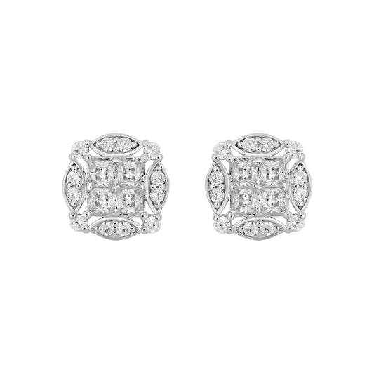 14K WHITE GOLD 1 1/4CT ROUND/PRINCESS DIAMOND MEN'S EARRINGS 