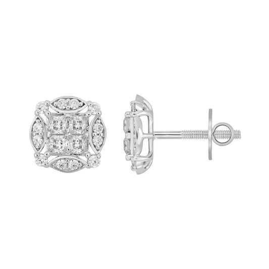 14K WHITE GOLD 1 1/4CT ROUND/PRINCESS DIAMOND MEN'S EARRINGS 