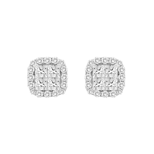 14K WHITE GOLD 1 1/2CT ROUND/PRINCESS DIAMOND MEN'S EARRINGS 