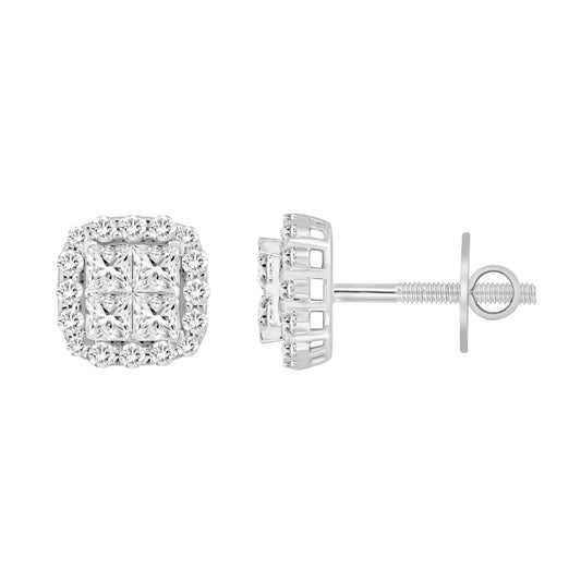 14K WHITE GOLD 1 1/2CT ROUND/PRINCESS DIAMOND MEN'S EARRINGS 