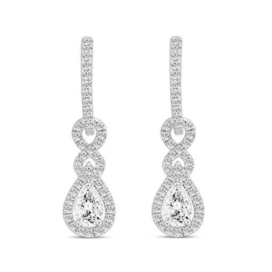 LADIES HOOPS EARRINGS 2.00CT ROUND/PEAR DIAMOND 14K WHITE GOLD