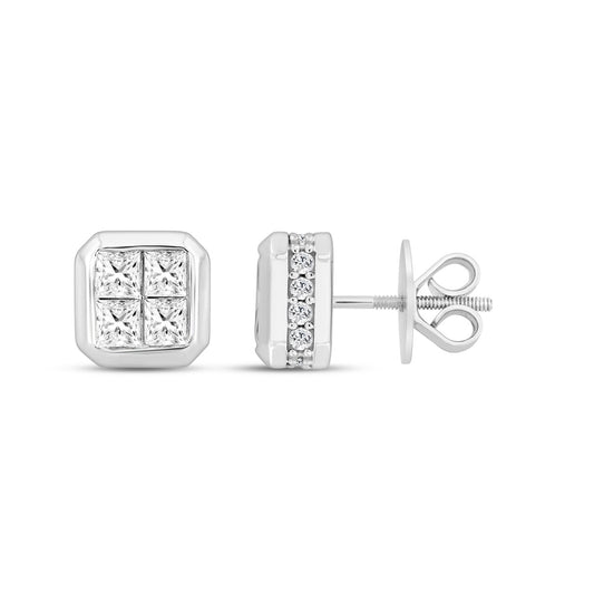 LADIES EARRINGS 1.00CT ROUND/PRINCESS DIAMOND 14K WHITE GOLD