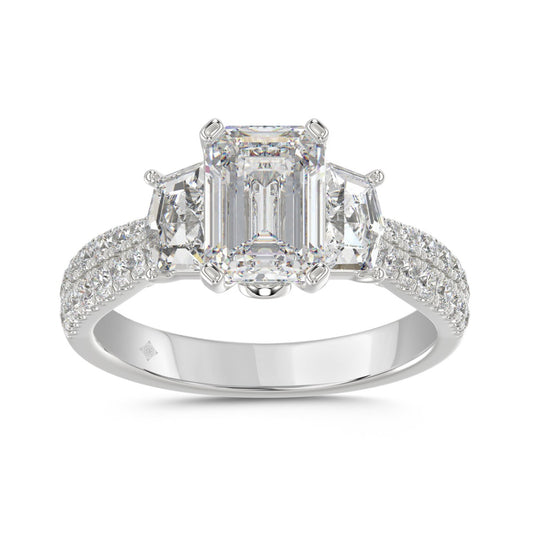 LADIES RING 3CT ROUND/EMERALD/CADILLAC DIAMOND 14K WHITE GOLD (CENTER STONE EMERALD DIAMOND 2CT )