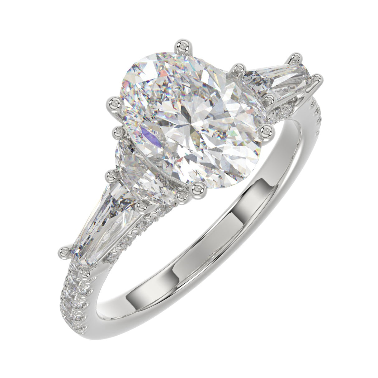LADIES RING 3 1/2CT ROUND/HALF MOON/OVAL/TAPER BAGUETTE DIAMOND 14K WHITE GOLD (CENTER STONE OVAL DIAMOND 2CT )