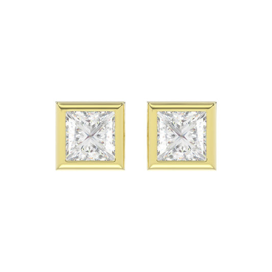 LADIES SOLITAIRE EARRINGS 2CT PRINCESS DIAMOND 14K YELLOW GOLD