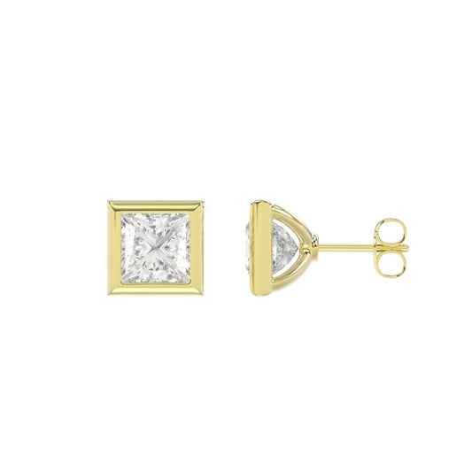 LADIES SOLITAIRE EARRINGS 2CT PRINCESS DIAMOND 14K YELLOW GOLD