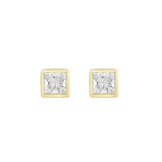 LADIES SOLITAIRE EARRINGS 3CT PRINCESS DIAMOND 14K YELLOW GOLD